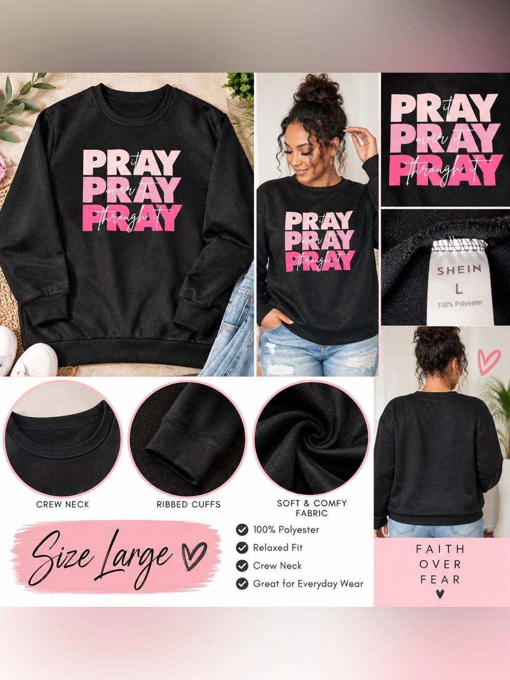 Black Crewneck Sweatshirt 'PRAY' Graphic - SHEIN. Size Large.